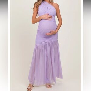Lavender Ruched Mesh One-Shoulder Maternity Dress